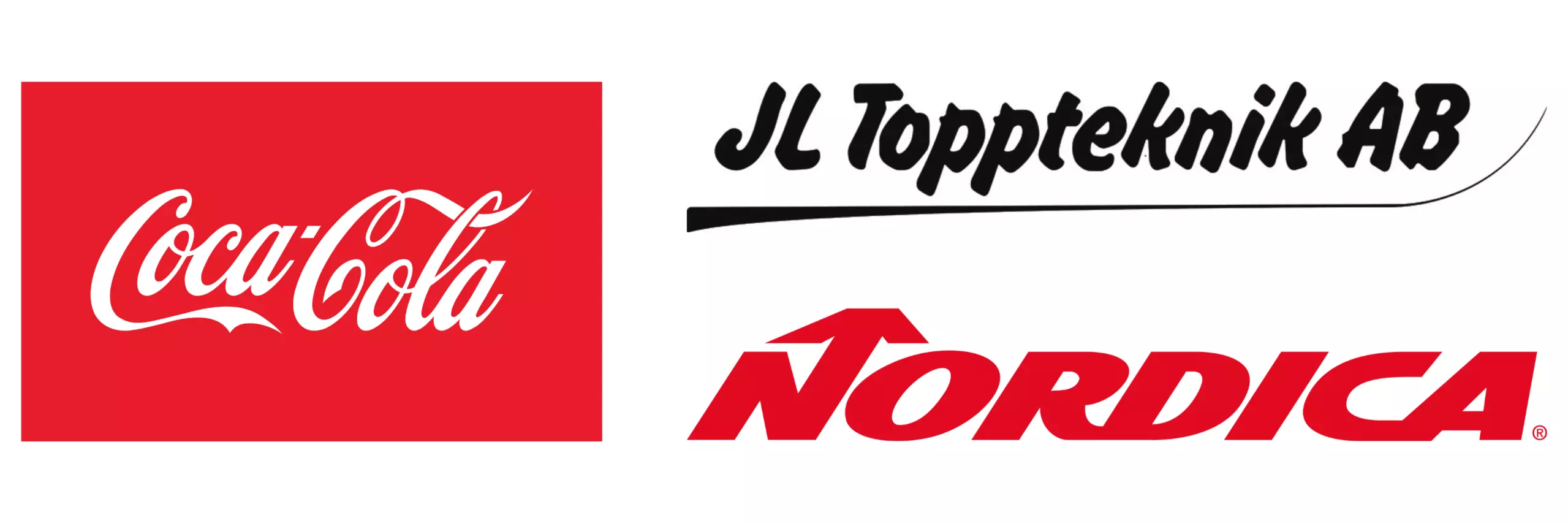 Logo til Coca Cola, JL Toppteknik AB og Nordica
